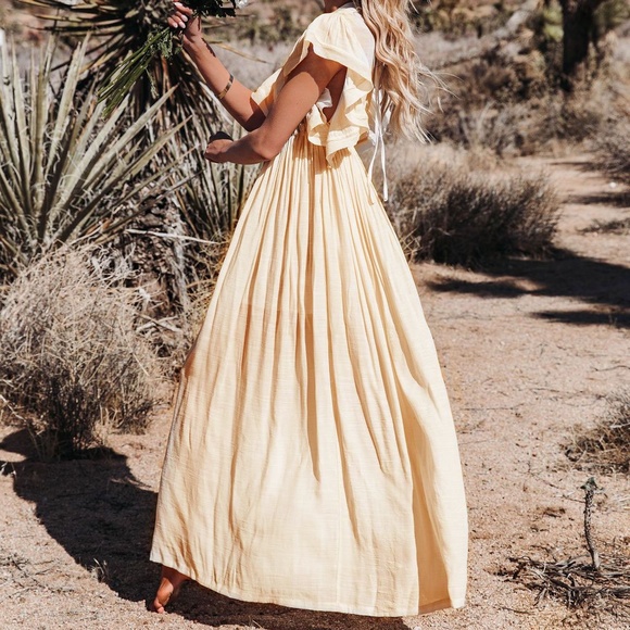 “The Leena” Ivory Boho Raw Hem Button Maxi Dress - Picture 6 of 7